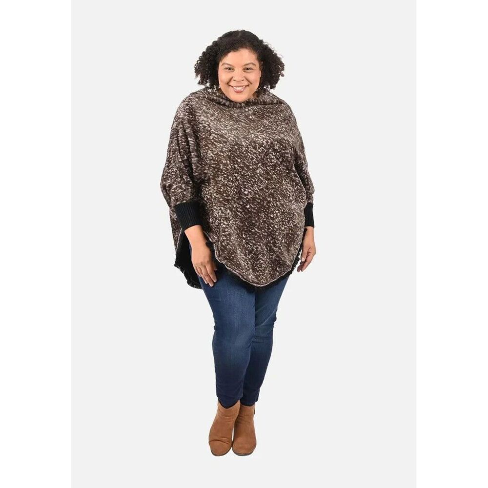 Tamsy Faux Fur Poncho Wrap Womens One Size Brown Mottled New Fringe Trim‎